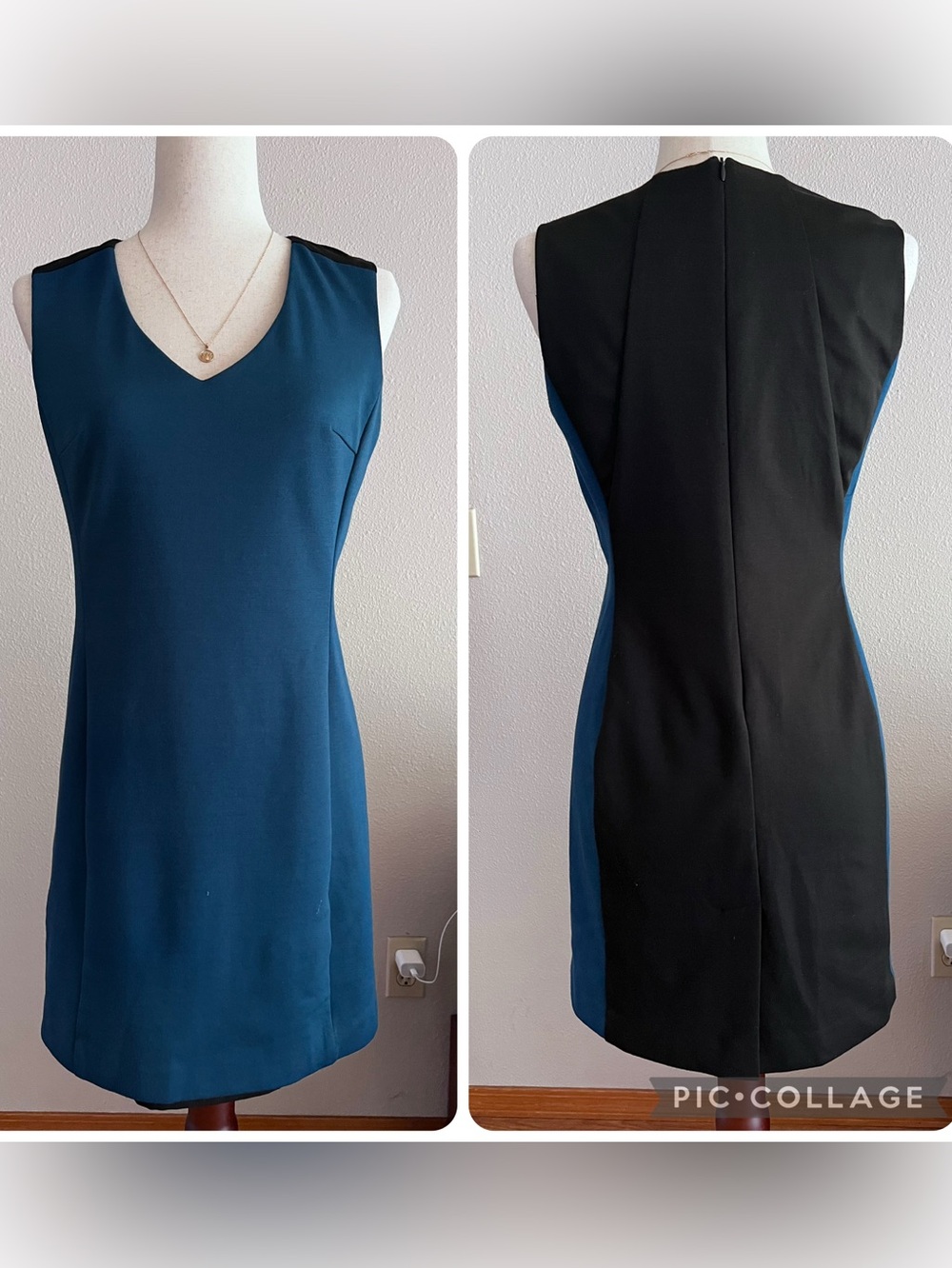 Barneys New York Teal and Black Sleeveless V-Neck Sheath Dress - Size 4